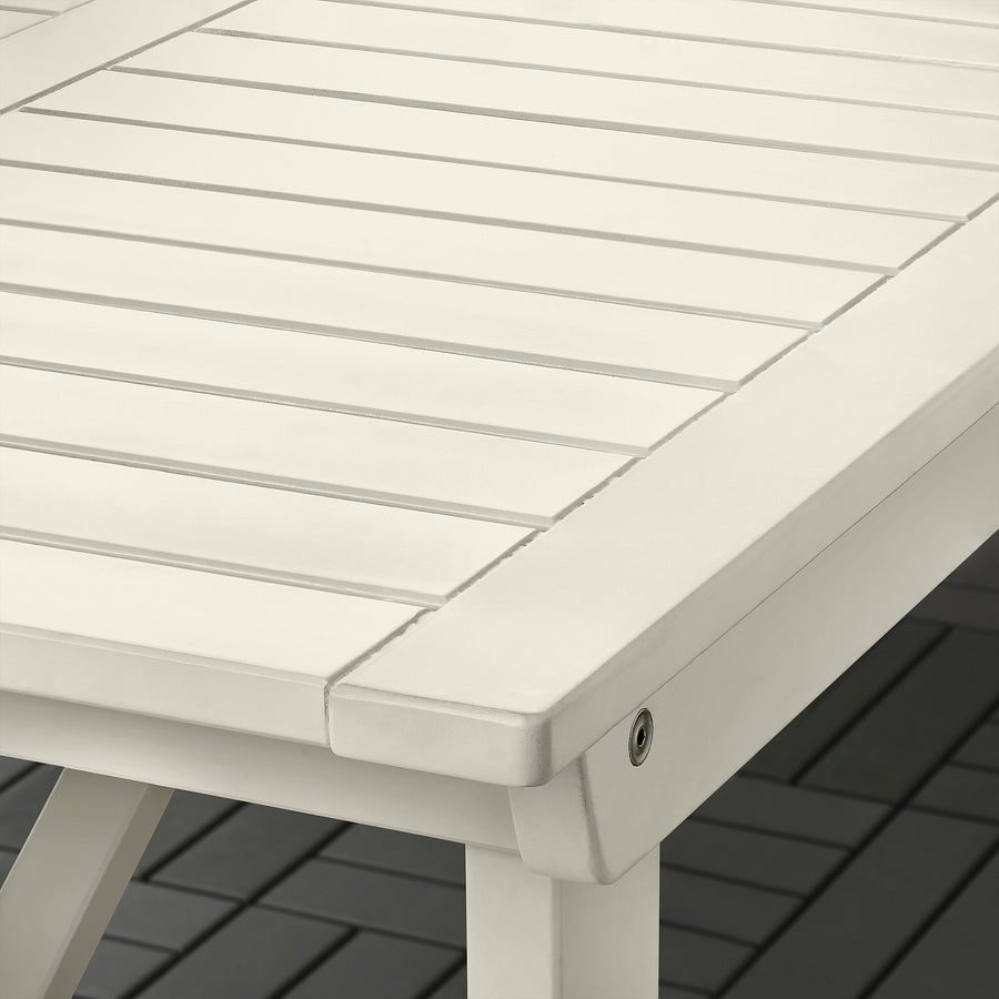 BONDHOLMEN / ULVEVÄR table+6 chairs w armrests, outdoor, white/beige plastic rattan brown/Kuddarna light grey-beige, 235x90 cm