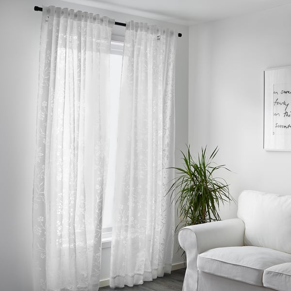 BORGHILD sheer curtains, 1 pair, white/with heading tape, 145x300 cm
