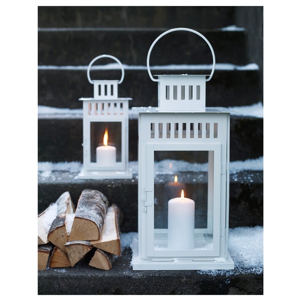 BORRBY lantern for block candle, in/outdoor white, 44 cm