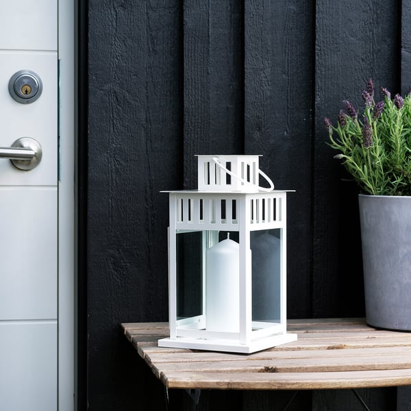 BORRBY lantern for block candle, in/outdoor white, 28 cm