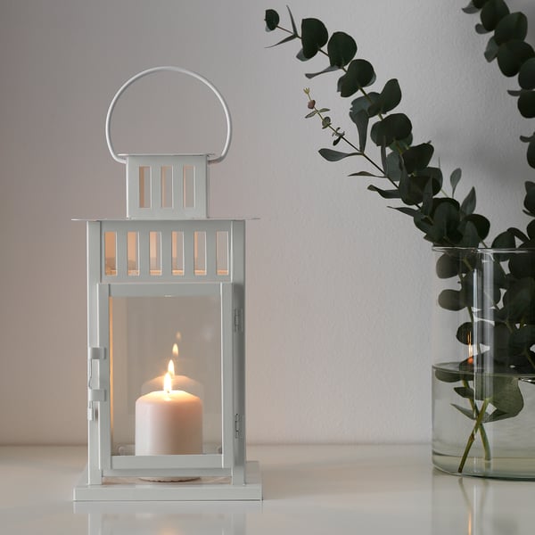 BORRBY lantern for block candle, in/outdoor white, 28 cm