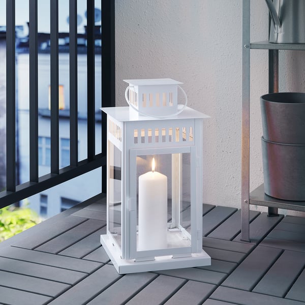 BORRBY lantern for block candle, in/outdoor white, 44 cm