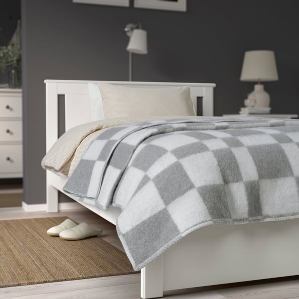 BORSTTÅG bedspread, light grey/check, 150x250 cm