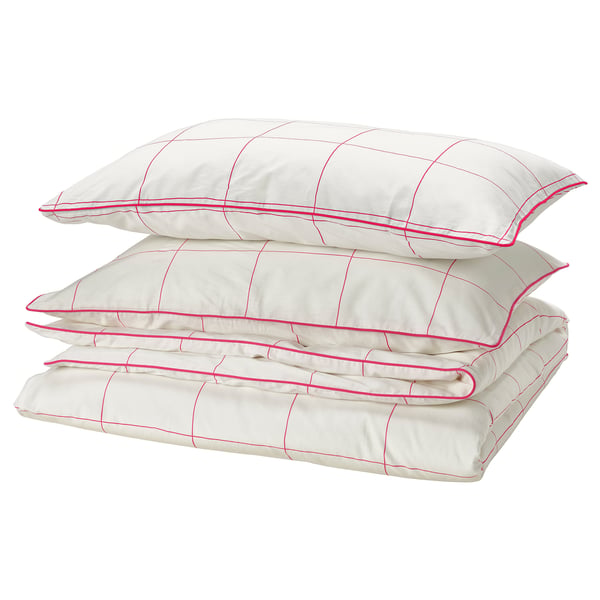 BREDVECKLARE duvet cover and 2 pillowcases, white pink/check, 240x220/50x80 cm