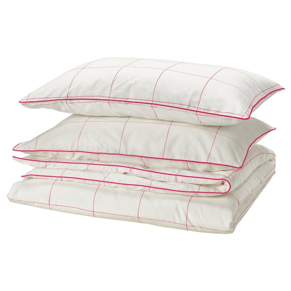 BREDVECKLARE - Duvet cover and 2 pillowcases, white pink/check, 240x220/50x80 cm