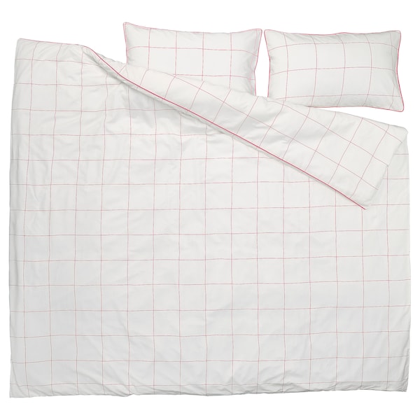 BREDVECKLARE - Duvet cover and 2 pillowcases, white pink/checkered,240x220/50x80 cm