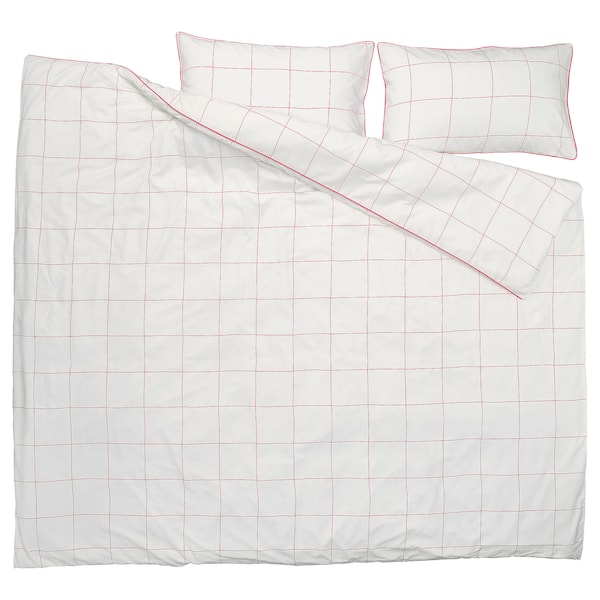 BREDVECKLARE - Duvet cover and 2 pillowcases, white pink/check, 240x220/50x80 cm