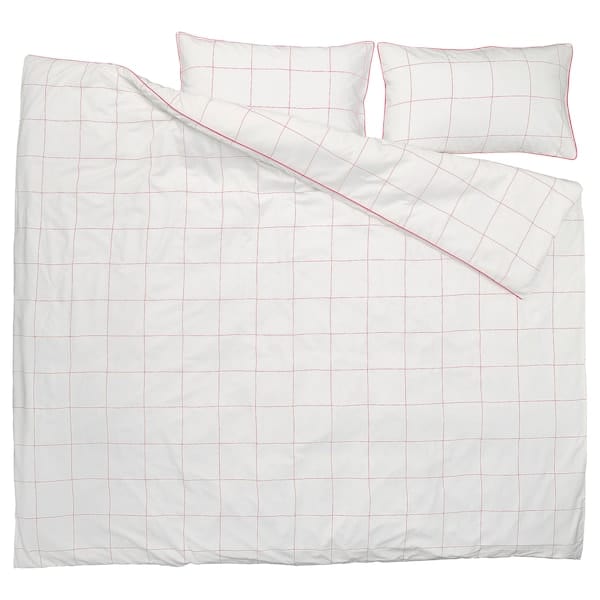 Ikea BREDVECKLARE - Duvet cover and 2 pillowcases, white pink/check, 240x220/50x80 cm