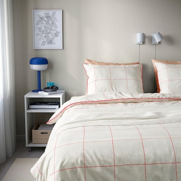 Ikea BREDVECKLARE - Duvet cover and 2 pillowcases, white pink/check, 240x220/50x80 cm