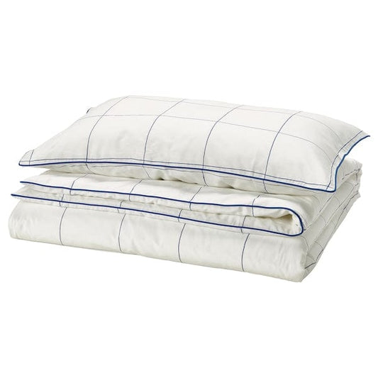 Ikea BREDVECKLARE - Duvet cover and pillowcase, white blue/check, 150x200/50x80 cm