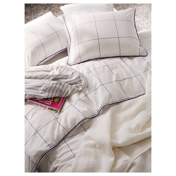 BREDVECKLARE - BREDVECKLARE Duvet cover and pillowcase, white blue/check, 150x200/50x80 cm