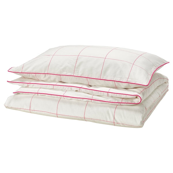 BREDVECKLARE - Duvet cover and pillowcase, white pink/check, 150x200/50x80 cm