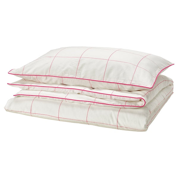 BREDVECKLARE - Duvet cover and pillowcase, white pink/checkered,150x200/50x80 cm