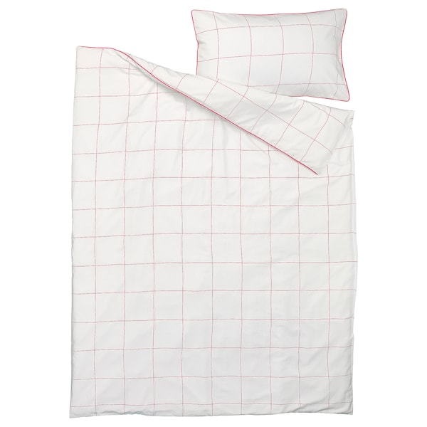 BREDVECKLARE - Duvet cover and pillowcase, white pink/check, 150x200/50x80 cm