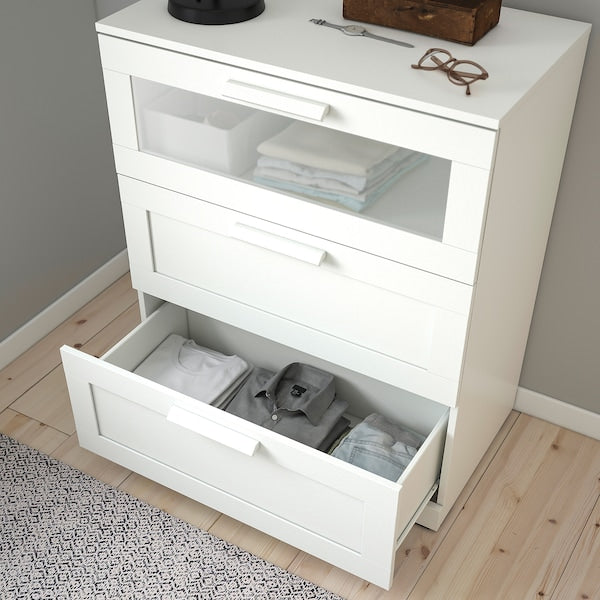 BRIMNES - Chest of 3 drawers, white/frosted glass, 78x95 cm