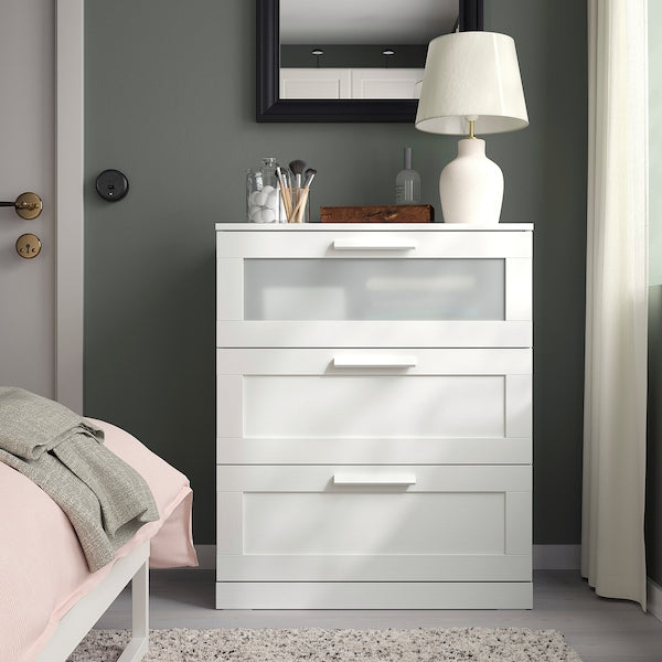 BRIMNES - Chest of 3 drawers, white/frosted glass, 78x95 cm