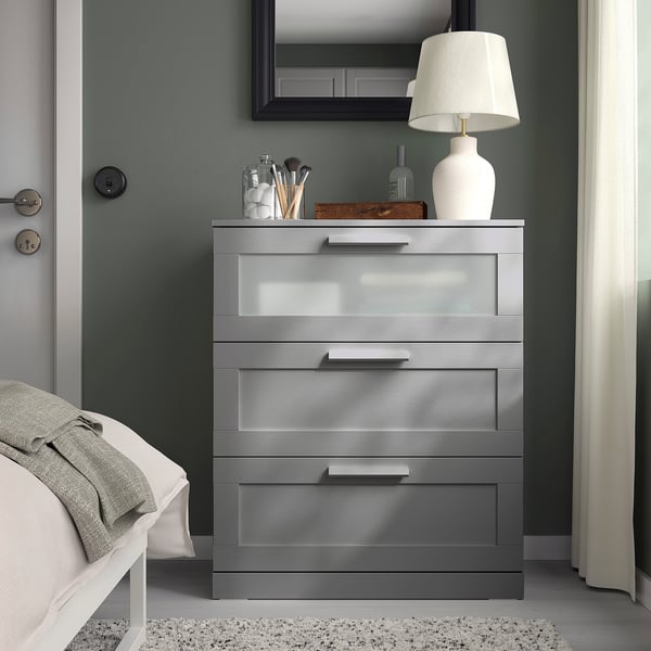 BRIMNES chest of 3 drawers, grey/frosted glass, 78x46x95 cm