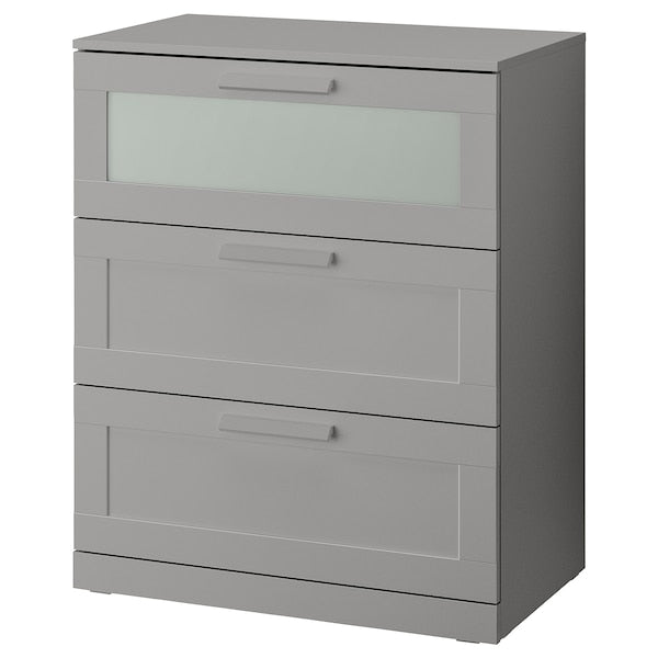 BRIMNES - Chest of drawers with 3 drawers, gray/frosted glass,78x95 cm