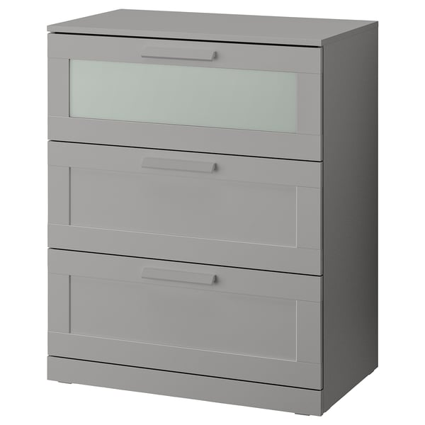 BRIMNES chest of 3 drawers, grey/frosted glass, 78x46x95 cm
