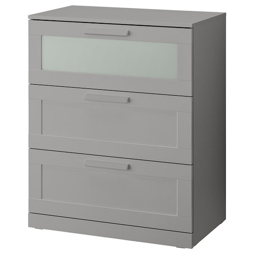 BRIMNES chest of 3 drawers, grey/frosted glass, 78x95 cm