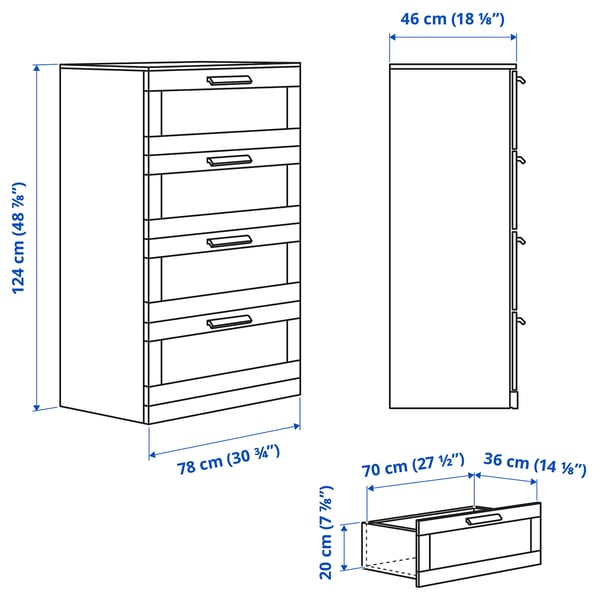 BRIMNES chest of 4 drawers, white/frosted glass, 78x46x124 cm