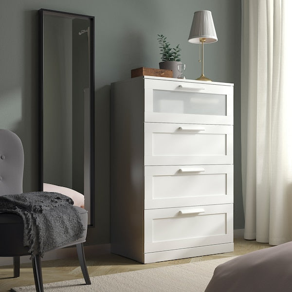 BRIMNES - Chest of 4 drawers, white/frosted glass, 78x124 cm