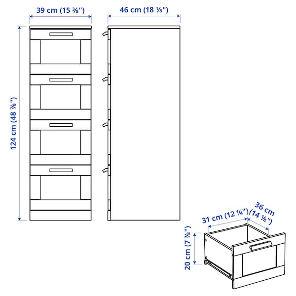 BRIMNES - Chest of 4 drawers, white/frosted glass, 39x124 cm