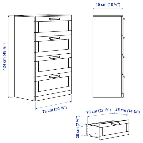 BRIMNES - Chest of drawers with 4 drawers, gray/frosted glass,78x124 cm