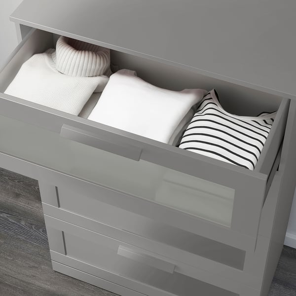 BRIMNES chest of 4 drawers, grey/frosted glass, 78x124 cm