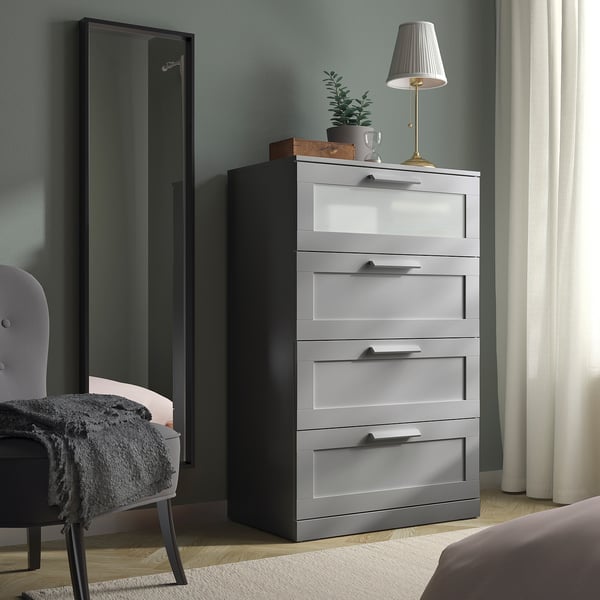 BRIMNES - Chest of drawers with 4 drawers, gray/frosted glass,78x124 cm