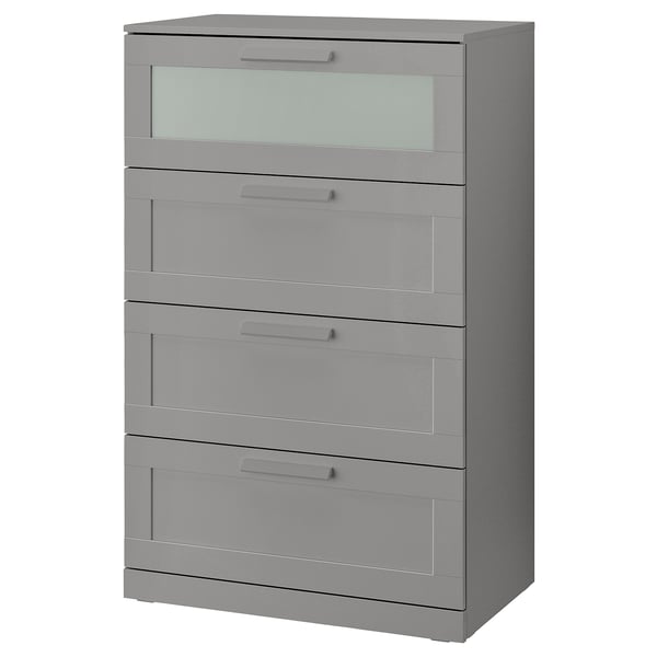 BRIMNES chest of 4 drawers, grey/frosted glass, 78x46x124 cm