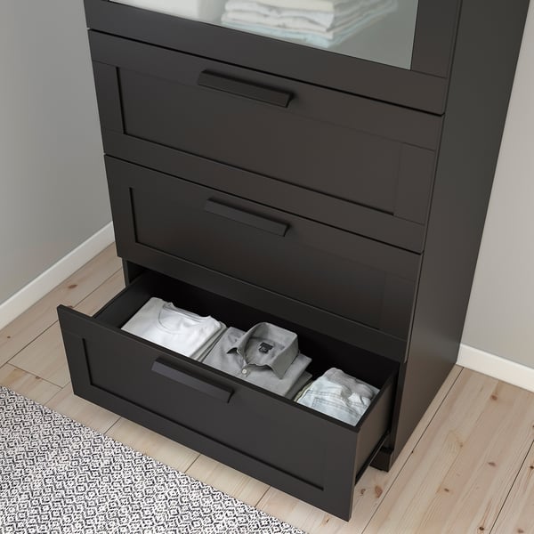 BRIMNES chest of 4 drawers, black/frosted glass, 78x46x124 cm