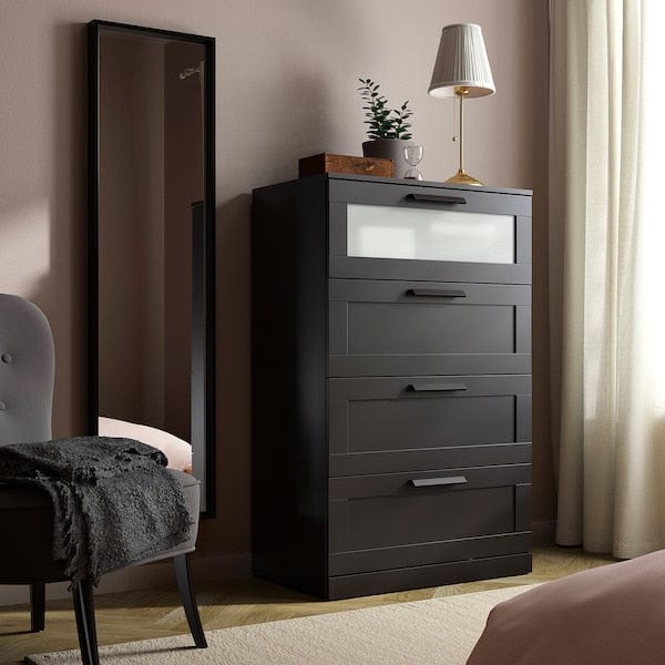 Ikea BRIMNES Chest of drawers with 4 drawers - black/frosted glass 78x124 cm , 78x124 cm