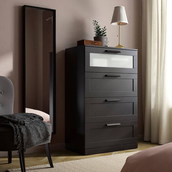 BRIMNES chest of 4 drawers, black/frosted glass, 78x46x124 cm