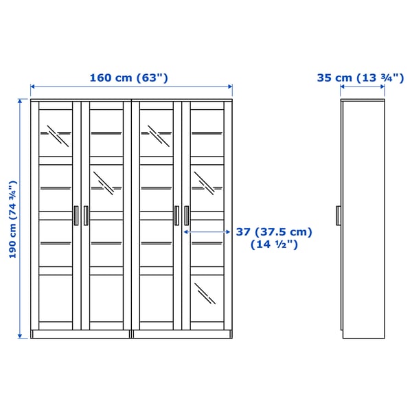 BRIMNES storage combination w glass doors, white, 160x35x190 cm