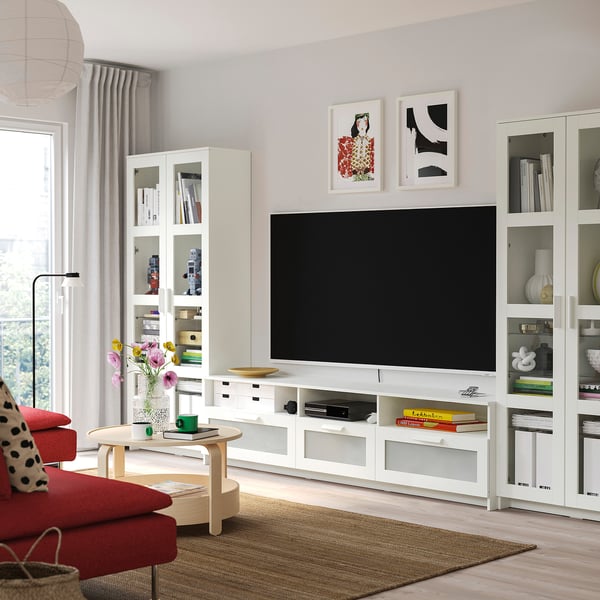 BRIMNES TV storage combination/glass doors, white, 376x41x190 cm