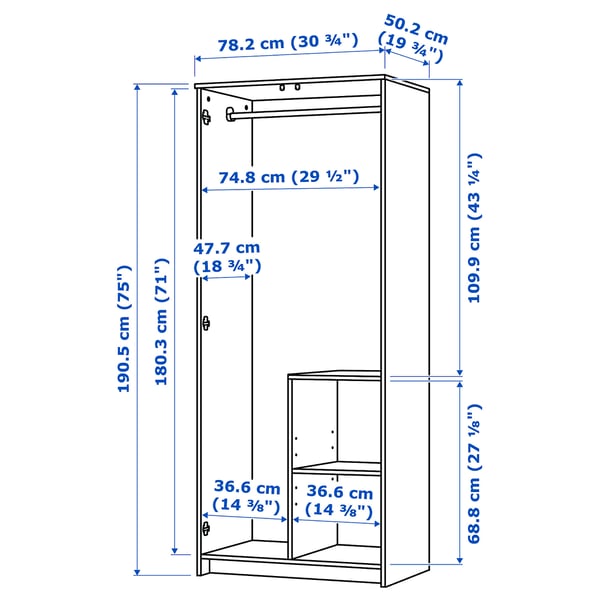 BRIMNES wardrobe with 2 doors, grey, 78x50x190 cm