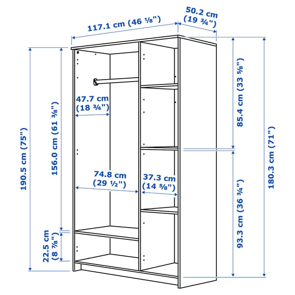 BRIMNES wardrobe with 3 doors, grey, 117x50x190 cm