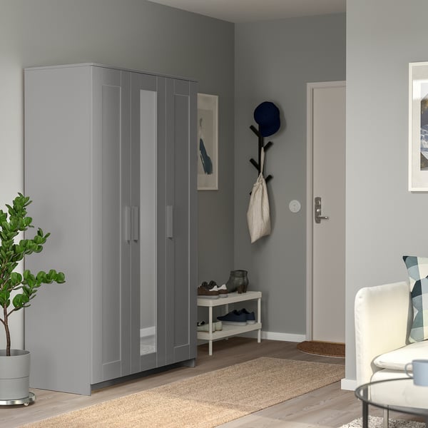 BRIMNES wardrobe with 3 doors, grey, 117x190 cm