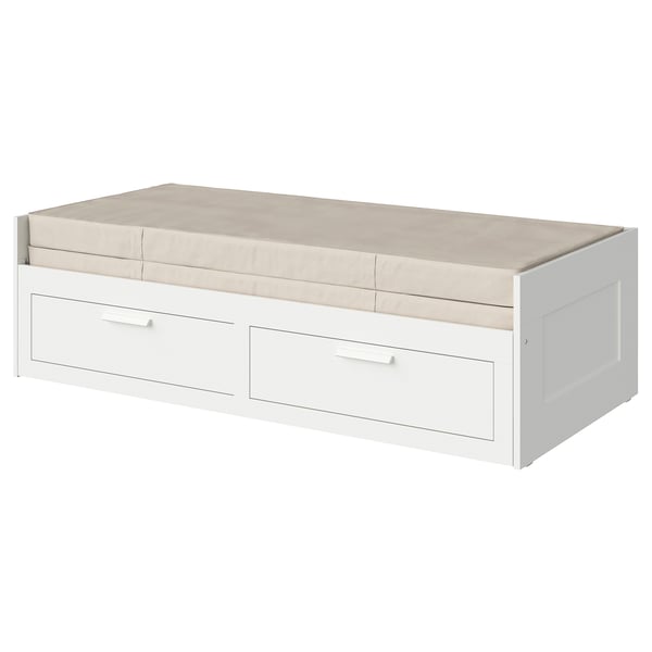 BRIMNES day-bed w 2 drawers/2 mattresses, white/Vannareid extra firm, 80x200 cm