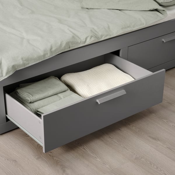 BRIMNES day-bed w 2 drawers/2 mattresses, grey/Åfjäll medium firm, 80x200 cm