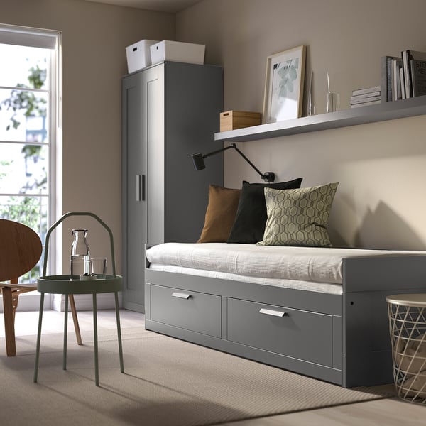 BRIMNES - Sofa bed/2 drawers/2 mattresses, gray/Åfjäll semi-rigid,80x200 cm