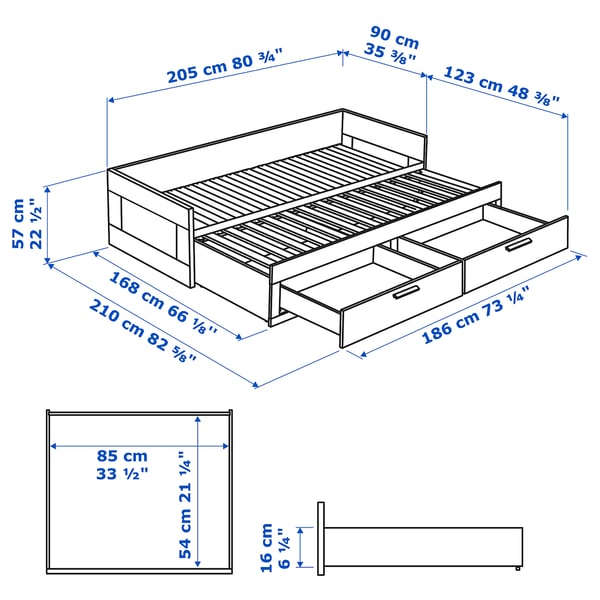 BRIMNES - Sofa bed/2 drawers/2 mattresses, gray/Ågotnes rigid,80x200 cm