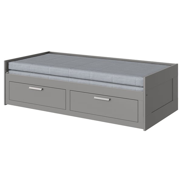 BRIMNES day-bed w 2 drawers/2 mattresses, grey/Ågotnes firm, 80x200 cm