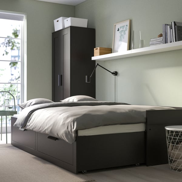 BRIMNES day-bed w 2 drawers/2 mattresses, black/Vannareid extra firm, 80x200 cm