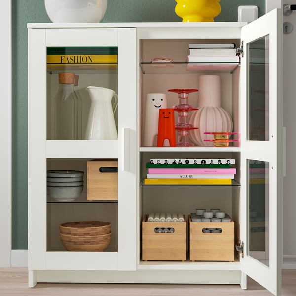 BRIMNES Mobile with doors - glass/white 78x95 cm , 78x95 cm