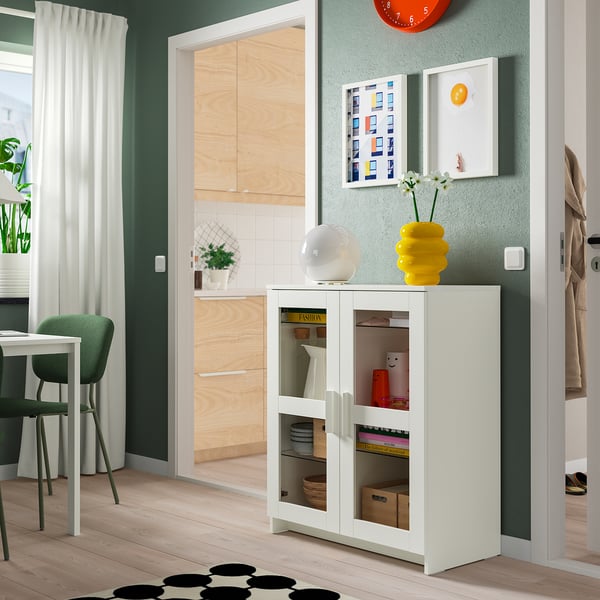 BRIMNES Mobile with doors - glass/white 78x95 cm , 78x95 cm