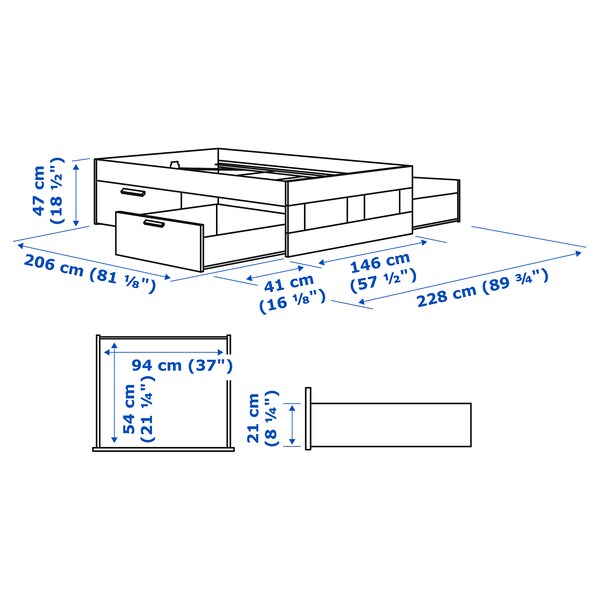 BRIMNES Bed frame with drawers - white/Leirsund 140x200 cm , 140x200 cm