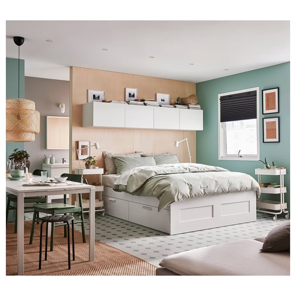 BRIMNES Bed frame with drawers - white/Leirsund 140x200 cm , 140x200 cm