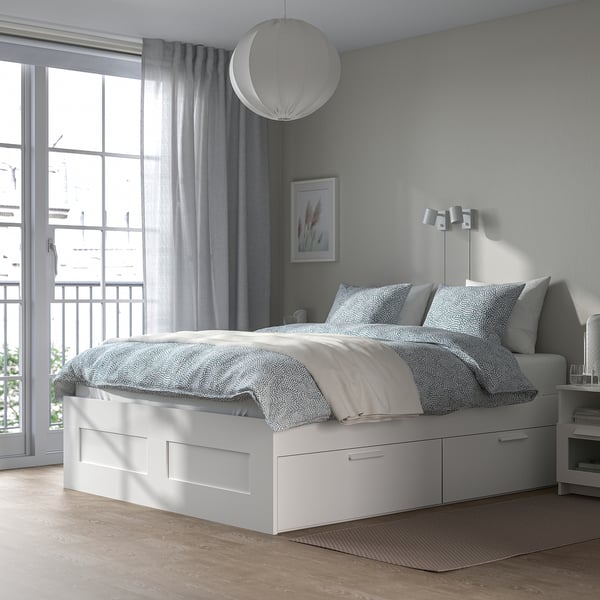 BRIMNES Bed frame with drawers - white/Leirsund 140x200 cm , 140x200 cm